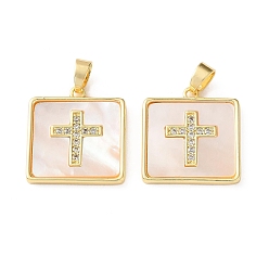 Real 18K Gold Plated Brass Pendants, with White Shell, Square with Cross Charms, Cadmium Free & Lead Free, Rack Plating, Long-Lasting Plated, Real 18K Gold Plated, 22x20.5x2.5mm, Hole: 5.5x3.5mm