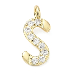 Letter S Латунные микропаве прозрачные подвески с фианитом, без кадмия и без свинца, долговечный, стойки покрытие, реальный 18 k позолоченный, Письмо с, 22x10x2.5 мм, отверстие : 2.5 мм