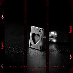 Antique Silver Vintage Alloy Heart Playing Card Stud Earrings for Men, Rectangle, Antique Silver, 8mm