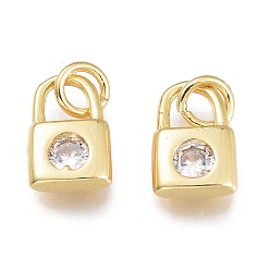 Clear Brass Micro Pave Cubic Zirconia Charms, with Jump Ring, Cadmium Free & Lead Free, Lock, Golden, Clear, 8.5x5.5x2.5mm, Hole: 1.5mm, Jump rings: 3.5x0.8mm