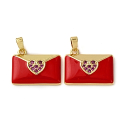 Настоящее золото 18K Латунные микро проложить кубического циркония подвески, с эмалью, конверт с сердечками, реальный 18 k позолоченный, 15.5x20x3.5 мм, отверстие : 4x2.5 мм