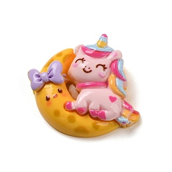 Оранжевый Непрозрачная смола декодирует кабошоны, мультяшная лошадь с луной, оранжевые, 25.5x28.5x7 мм