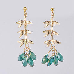 Green Dangle Stud Earring, with Electroplate Glass Beads, Brass Links and Cardboard Packing Box, Bamboo, Green, 61mm, Pin: 0.7mm