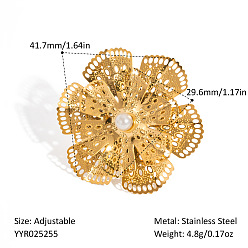 Настоящее золото 18K 304 открытые манжеты из нержавеющей стали, цветок, с имитацией жемчуга, реальный 18 k позолоченный, 41.7 мм, внутренний диаметр: регулируемый