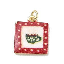 Red Printed Brass Pendants, Square with Cup Charms, Golden, Red, 18x14.5x2.5mm, Hole: 4mm
