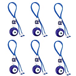 Blue Handmade Lampwork Evil Eye Pendants Keychain, with Natural Wood Beads, Resin European Beads and Braided Nylon Thread, Blue, 8~16cm, 6pcs/set
