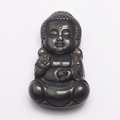 Черный Натуральный ледяной обсидиан, Будда, чёрные, 45x27x12 мм, отверстие : 1.5 мм
