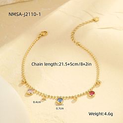 Разноцветный 304 Браслеты на лодыжку из нержавеющей стали с плоскими круглыми подвесками из кубического циркония, золотые, красочный, 8-1/2 дюйм (215 мм)