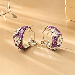 Purple Brass Enamel Stud Earrings, Flower, Rhinestone Stud Earrings, Golden, Purple, 25x13mm