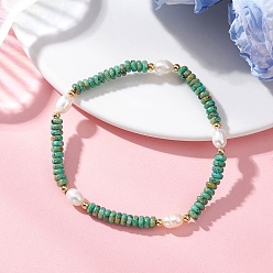 Джаспер Кунжут Эластичные браслеты из натурального кунжутного яшмы и культивированного пресноводного жемчуга для женщин., рондель, с латунной бисера, бусины : 4.5x2 мм и 7.5x5.5 мм, внутренний диаметр: 2.24~ 2.32 дюйм (5.7~5.9 см)