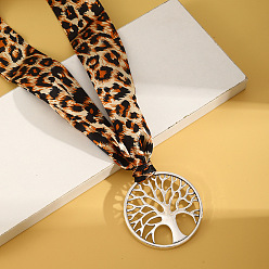 Tree of Life Шарфы-колье с леопардовым принтом из ткани с подвеской из сплава, платина, песчаный коричневый, древо жизни, 39.37 дюйм (100 см), Кулон : 60x60 мм