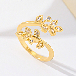 Золотой Манжеты из латуни с микро паве кубический цирконий для женщин, лист, золотые, 15.4x12.4 мм, внутренний диаметр: 16мм~18мм