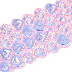 Pink Гальваническое покрытие, прозрачные стеклянные бусины, нити, сердце, с покрытием AB цвета, розовые, 13x15x5 мм, отверстие : 1~1.2 мм, около 59~60 шт / нитка, 28.54~29.33 дюйм (72.5~74.5 см)