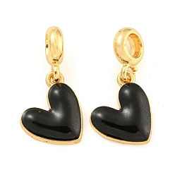 Черный Стойка покрытие сплав эмаль сердце европейские подвески с подвесками, Подвески с большими отверстиями, золотые, без кадмия, без никеля и без свинца, чёрные, 26 мм, отверстие : 4.8 мм, Сердце: 17x13.5x3 mm