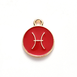 Pisces Alloy Enamel Pendants, Flat Round with Constellation, Light Gold, Red, Pisces, 15x12x2mm, Hole: 1.5mm, 100pcs/Box