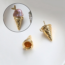 Golden Brass Head Pins with Loop, for Ghost Witch Baroque Pearl Making, Ice Cream Cone, Golden, 15x12mm