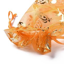 Orange Organza Drawstring Jewelry Pouches, Wedding Party Gift Bags, Rectangle with Gold Stamping Rose Pattern, Orange, 15x10x0.11cm