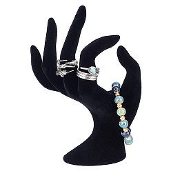 Schwarz Beflockung und Kunststoff-Fingerring-Displayständer, Hand mit OK-Geste, Schwarz, 8.5x5.9x15.8 cm