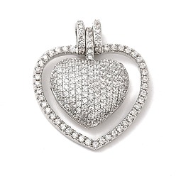Платина Латунные микро проложить кубического циркония подвески, без свинца и без кадмия, долговечный, сердце, платина, 26.5x24x6.5 мм, отверстие : 4x2.7 мм