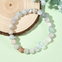 Aquamarine 8.5MM Natural Aquamarine Round Beaded Stretch Bracelets, Opalite Religion Cross Bracelets, Inner Diameter: 2.24 inch(5.7cm)