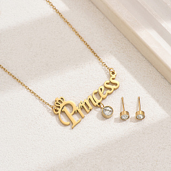 Настоящее золото 18K Модные комплекты серег-гвоздиков из нержавеющей стали с клевером и ожерелий с подвесками Word Princess для женщин, реальный 18 k позолоченный, ожерелья: 19.29 дюйм (49 см)