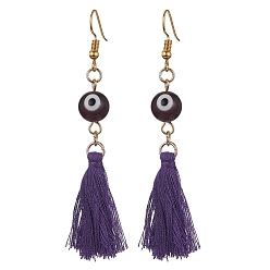 Medium Purple Evil Eye Lampwork & Tassel Earrings, Golden Iron Long Dangle Earrings, Medium Purple, 70~72x17~22mm