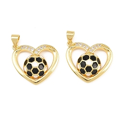 Chapado en Oro Real 18K Latón micro pavimenta claro colgantes de circonio cúbico, con esmalte negro, corazón con dijes de fútbol, chapado en rack, larga duración plateado, sin plomo y el cadmio, real 18 k chapado en oro, 19x21x6 mm, agujero: 5x3 mm