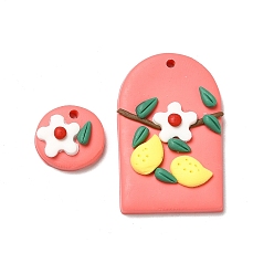 Salmon Handmade Polymer Clay Pendants Sets, Flat Round & Arch with Flower, Salmon, 35x22x6mm, Hole: 2mm, 2pcs/set
