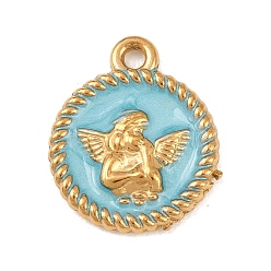 Золотой 304 подвески из нержавеющей стали, с эмалью, плоский круглый с ангельскими подвесками, золотые, 20.5x17.5x3 мм, отверстие : 1.8 мм