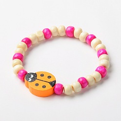 Mixed Color Stretchy Wood Bracelets for Kids, Children's Day Gifts, with Random Color Ladybug Beads, Mixed Color, 45mm