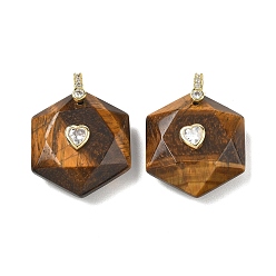Tiger Eye Natural Tiger Eye Faceted Pendants, Hexagon Charms with Brass Pave Heart Clear Cubic Zirconia Findings, Golden, 38x28.5x13mm, Hole: 5.5x4.5mm