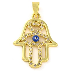 Настоящее золото 18K Латунные микропаве прозрачные подвески с фианитом, без кадмия и без свинца, с эмалью, долговечный, Хамса руку с дурным глазом, реальный 18 k позолоченный, 23x17x2 мм, отверстие : 4x5 мм