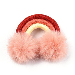 Salmon Polycotton(Polyester Cotton) Woven Rainbow Wall Hanging, Macrame Woven Rainbow with Pompom, Salmon, 49~54x51~55x13~15mm