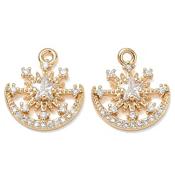 Real 18K Gold Plated Brass Micro Pave Clear Cubic Zirconia Charms, Snowflake with Moon Charms, Real 18K Gold Plated, 14x13x3.5mm, Hole: 1.2mm