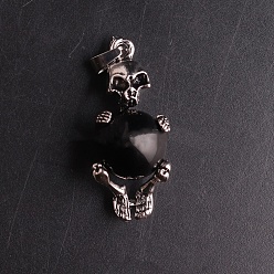 Black Onyx Natural Black Onyx(Dyed & Heated) Sphere Ball Pendants, Halloween Skeleton Metal Charms, Platinum, 16mm