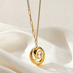 Flat Round 304 Stainless Steel & White Imitation Pearl Pendant Necklaces, Real 18K Gold Plated, Flat Round, 15.75 inch(40cm), pendant long: 23mm