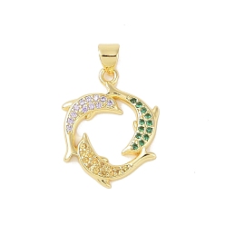 Зеленый Латунные микро проложить кубического циркония подвески, без кадмия, без никеля и без свинца, реальный 18 k позолоченный, дельфин, зелёные, 23x18x2.5 мм, отверстие : 4x3.5 мм