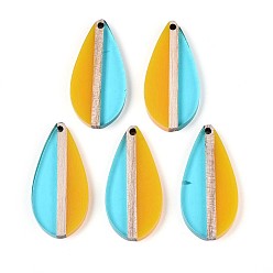 (932FM) Темно-синий аква-матовый с подкладкой Прозрачные подвески из смолы и дерева, слеза, два тона, темно-золотистые, 38x18x3.2~3.5 мм, отверстие : 2 мм