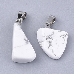Howlite Natural Howlite Pendants, with Stainless Steel Snap On Bails, Nuggets, 15~35x10~20x5~15mm, Hole: 3x7.5mm