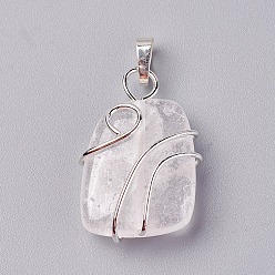 Хрусталь Природного кварца хрустальных подвесок, с латунной фурнитурой , трапециевидные, серебряный цвет гальваническим, 32~33x21~23x10~11 мм, отверстие : 8x5 мм