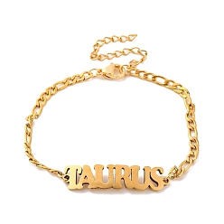 Телец Созвездие 202 браслеты-цепочки figaro из нержавеющей стали для женщин и мужчин, золотые, Телец, 6-1/4 дюйм (16 см), Кулон : 8x27.5x1.5 мм