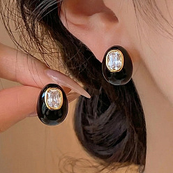 Черный 304 из нержавеющей стали серьги, овальные, с эмалью, золотые, чёрные, 16.5x12.3 мм