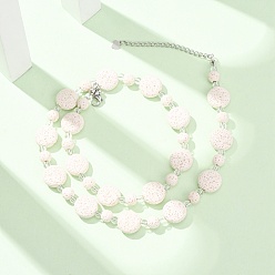 Beige Natural Lava Rock Coin Beaded Necklaces, with Glass Beads and 304 Stainless Steel End Chains, Stainless Steel Color, Beige, 18.78 inch(47.7cm)