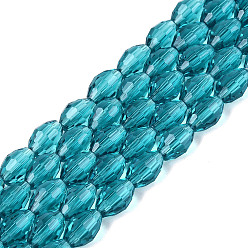 Dark Turquoise Transparent Glass Beads Strands, Rice, Faceted, Dark Turquoise, 8~9x5~6mm, Hole: 0.9~1mm, about 67~68pcs/strand, 22.83~23.62 inch(58~60cm)