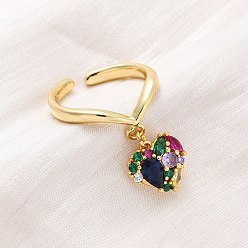 Разноцветный Открытые манжеты из латуни с микропаве и цирконием для женщин, сердце, стойки покрытие, прочное покрытие, без кадмия и без свинца, красочный, 11x11 мм, внутренний диаметр: 17 мм