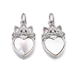 Платина Латунные микропаве прозрачные подвески с фианитом, без кадмия и без свинца, с ракушкой и прыжковым кольцом, подвески в виде сердца и короны, платина, 18.5x10.5x3 мм, отверстие : 3 мм
