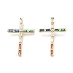 Разноцветный Латунные микро проложить кубического циркония подвески, реальный 18 k позолоченный, крестик, красочный, 39.5x27x3 мм, отверстие : 3x5 мм