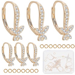 Настоящее золото 18K 6шт. латунная фурнитура для сережек с кубическим цирконием, с горизонтальными петлями, бабочка, без никеля , 12шт кольца прыжок, реальный 18 k позолоченный, 18.5x11x7.5 мм, отверстие : 1 мм, штифты : 0.7 мм