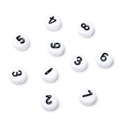 Number Opaque Acrylic Beads, Number Style, Flat Round, White, Size: about 7mm in diameter, 4mm thick, hole: 1.2mm, about 3500pcs/500g