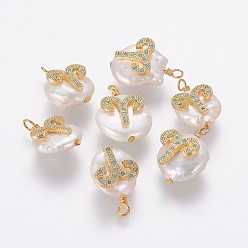 Aries Natural Cultured Freshwater Pearl Pendants, with Brass Micro Pave Cubic Zirconia Findings, Nuggets with Constellation, Golden, Deep Sky Blue, Aries, 17~22x11~16x5~11mm, Hole: 1.6mm
